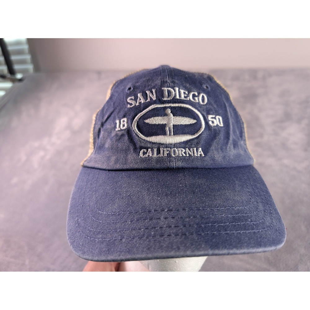 Sun Equipment San Diego California Trucker Hat Navy Blue Tan Snapback Cap OSFA